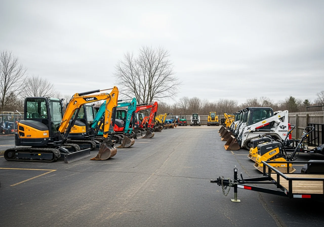 Construction equipment and machinery lined up in a rental yard, ready for delivery and service.