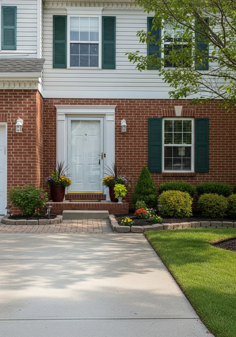 Close-up of a Monroeville home's front entrance with traditional landscaping and driveway.