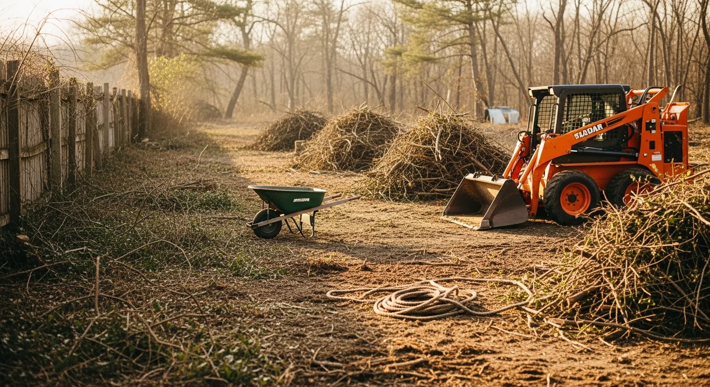 A Monroeville, NJ residential property after brush removal service, showing cleared ground with cut vegetation removed and open yard space visible along the property line. A Frank Enterprises crew member stands near cleared brush piles ready for hauling.