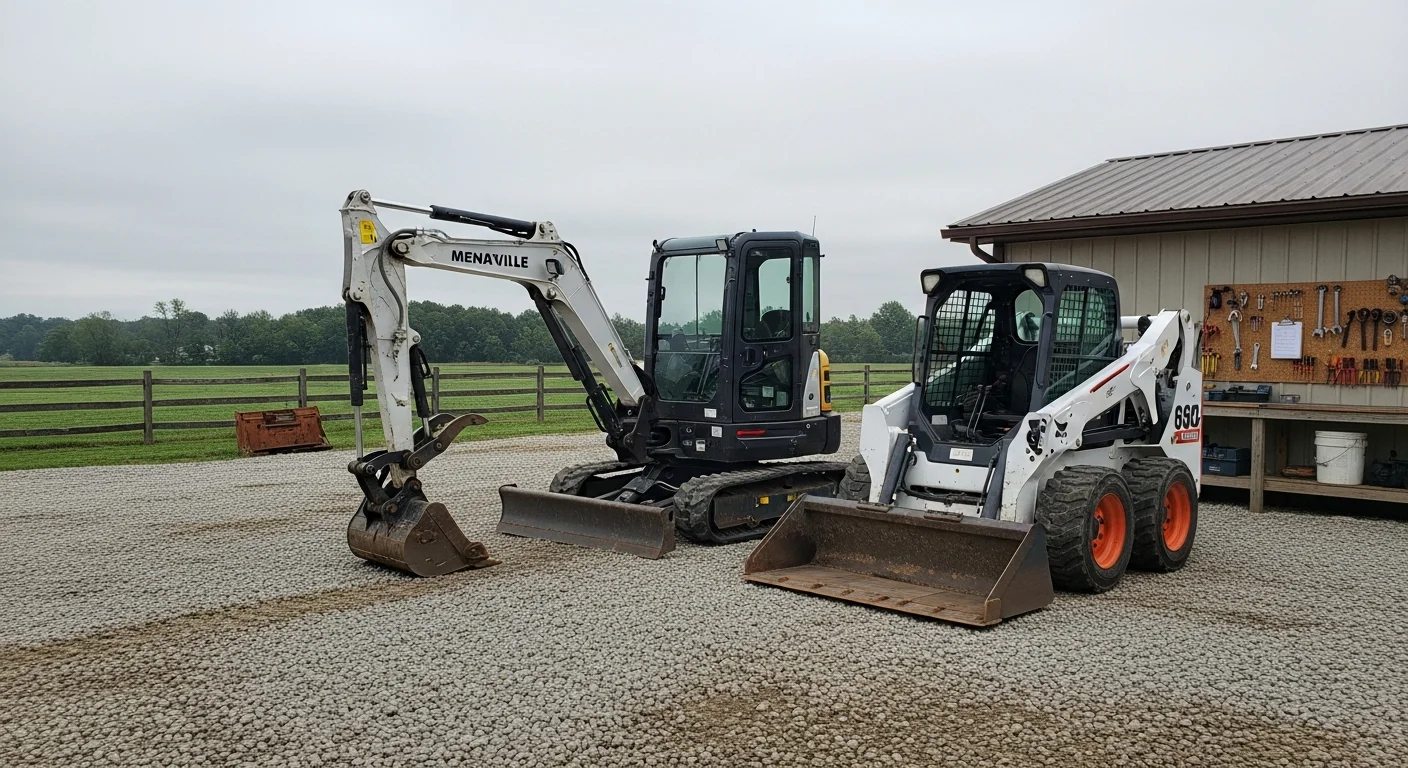 A tracked excavator parked on a graded dirt job site in Monroeville, NJ with a rural tree line visible in the background. The machine is staged for site prep work on a residential construction lot in Gloucester County.