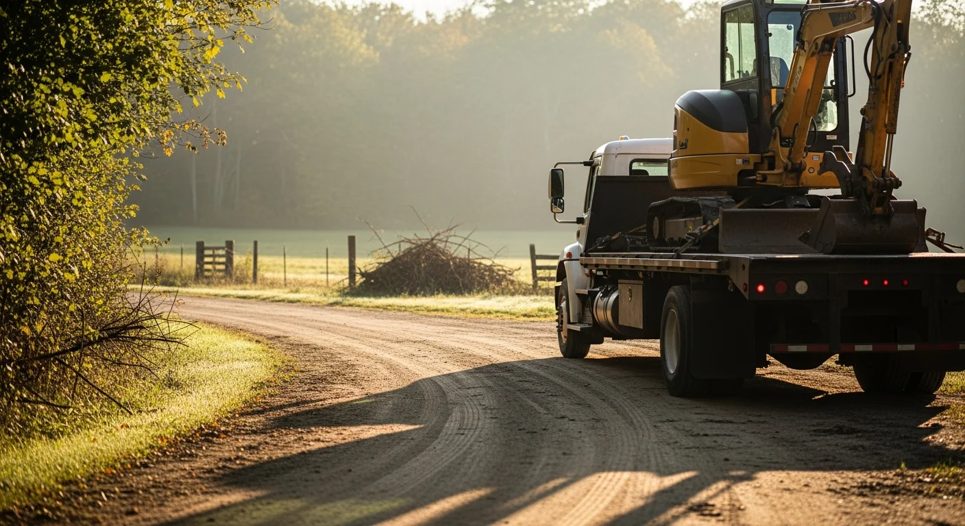 A Frank Enterprises delivery truck unloading rental equipment at a rural job site in Monroeville, NJ, with open farmland and tree lines visible in the background. The equipment is positioned on flat terrain typical of the Elk Township area.