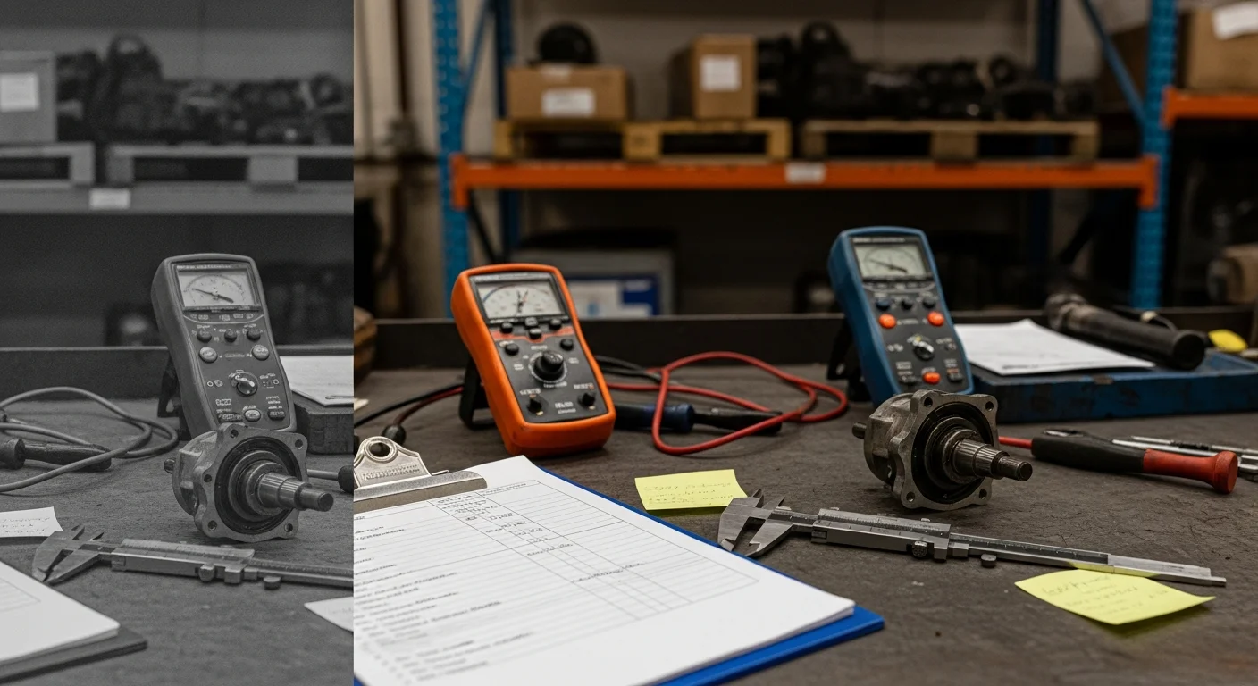 A technician at Frank Enterprises inspecting mechanical equipment components at a service facility on Elk Road in Monroeville, NJ. The image shows a close-up view of equipment parts being examined during a professional inspection visit.