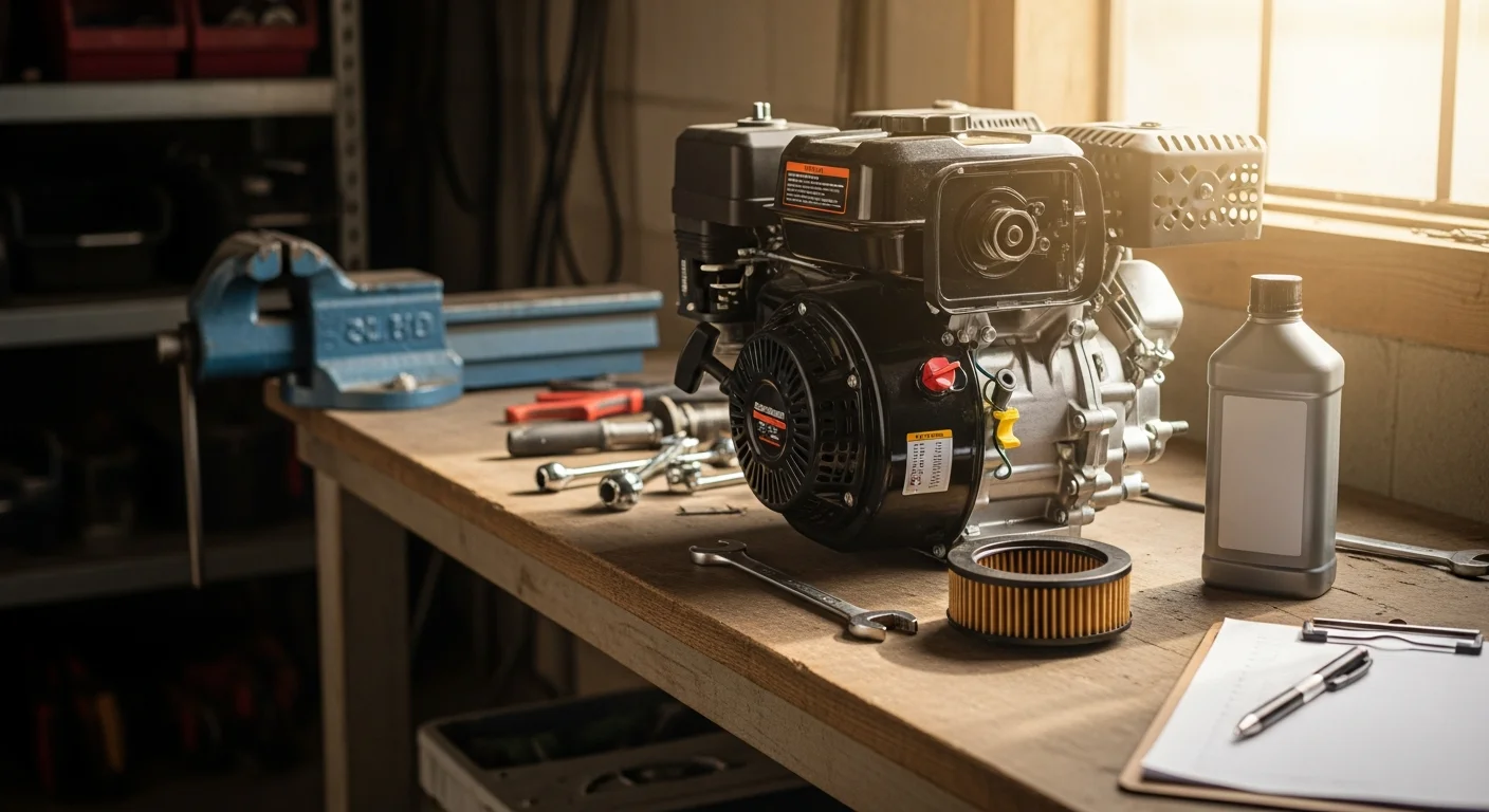 A technician inspecting and servicing outdoor power equipment on a workbench at Frank Enterprises on Elk Road in Monroeville, NJ. The equipment shows signs of regular field use typical of rural Salem County properties.
