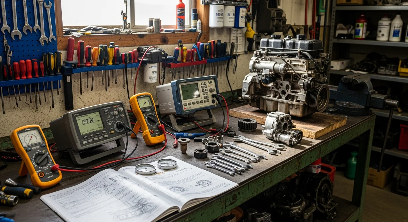 A piece of farm or outdoor power equipment being inspected on a repair workbench at a service shop in Monroeville, NJ. The setting reflects a rural Salem County property repair environment with tools and equipment parts visible.