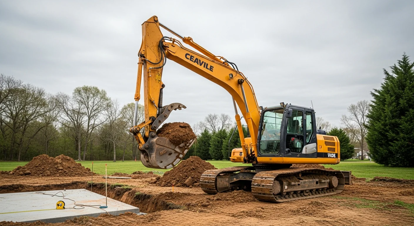 A compact rental excavator digging a trench on a residential property in Monroeville, NJ, with exposed clay soil visible along the trench walls. Frank Enterprises equipment staged on a flat South Jersey job site ready for utility work.