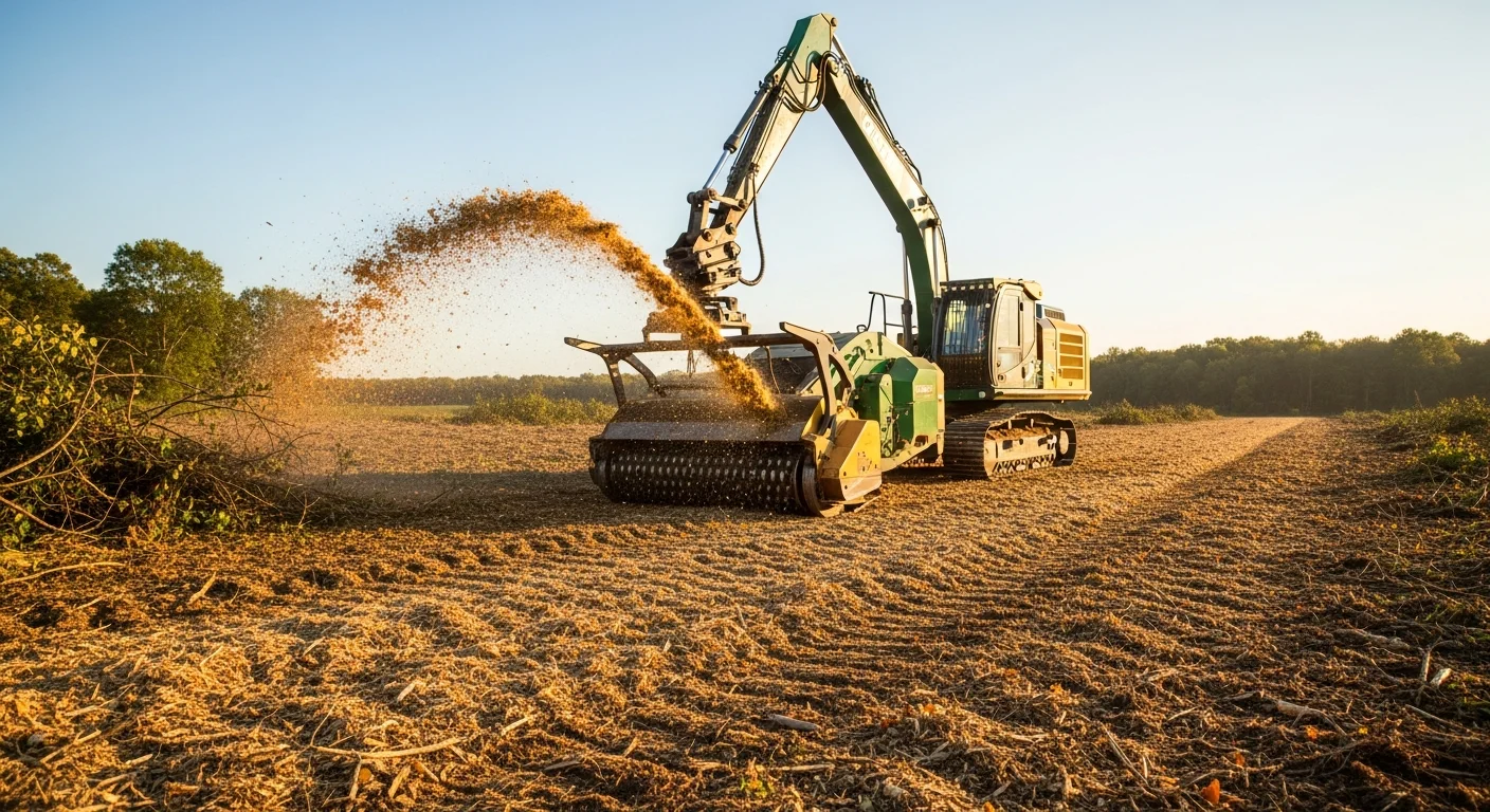 A forestry mulcher clearing dense brush and small deciduous trees on a rural property in Monroeville, NJ, with ground mulch visible across the cleared area. Rolling farmland and wooded field edges are visible in the background.