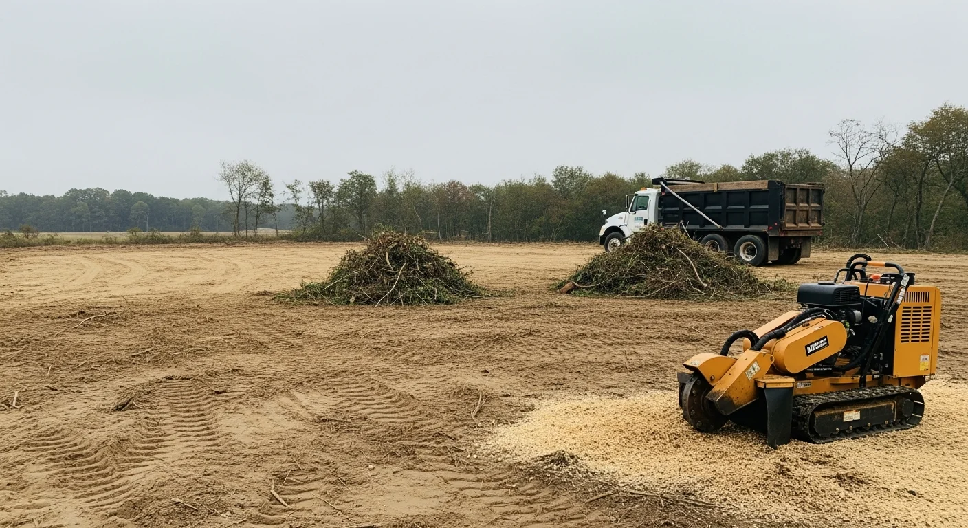 A cleared residential lot in Monroeville, NJ with stumps removed, debris hauled away, and exposed flat ground ready for landscaping. Frank Enterprises land clearing equipment visible at the edge of the site with surrounding South Jersey tree line in the background.