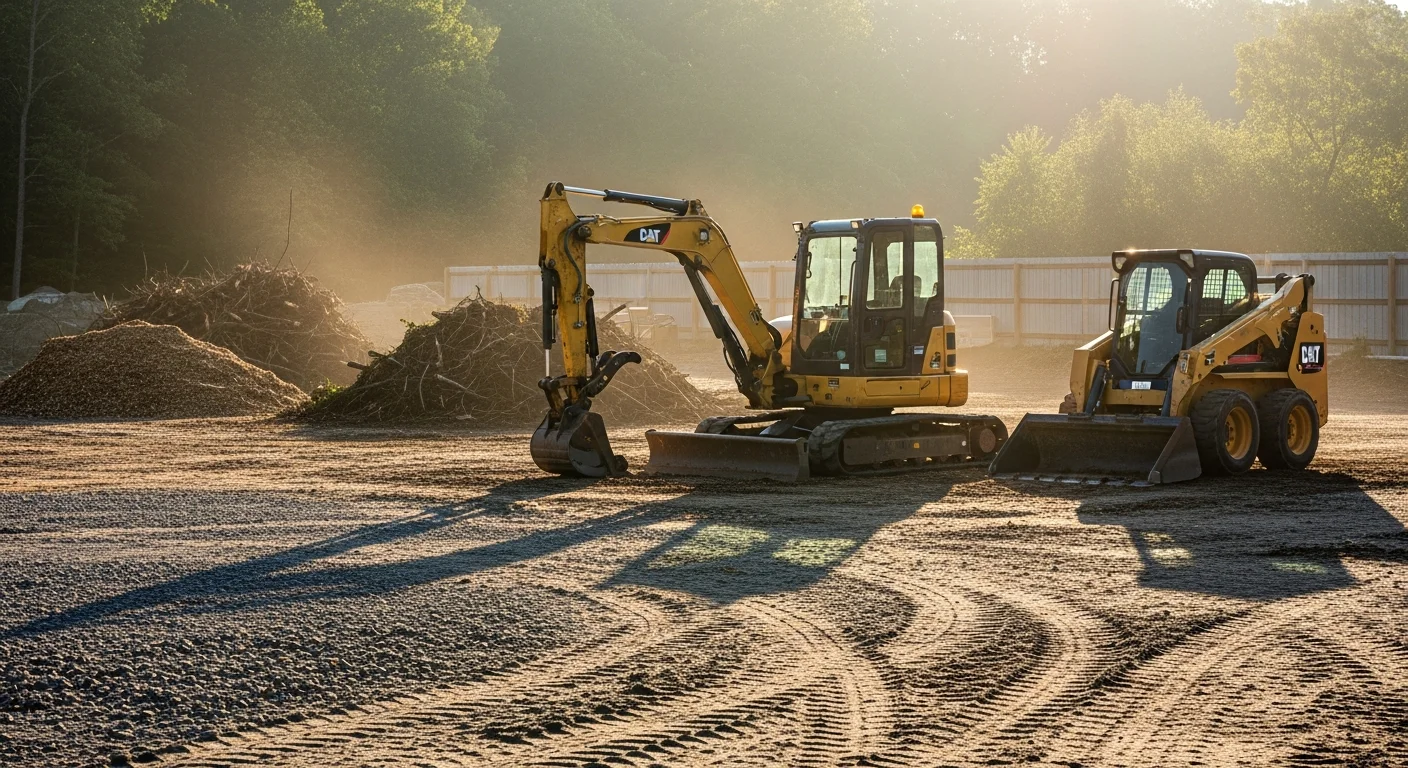 A piece of landscaping equipment staged on a gravel lot at Frank Enterprises on Elk Road in Monroeville, NJ, ready for customer pickup. The surrounding area shows the wooded and open terrain typical of the Gloucester and Salem County region.