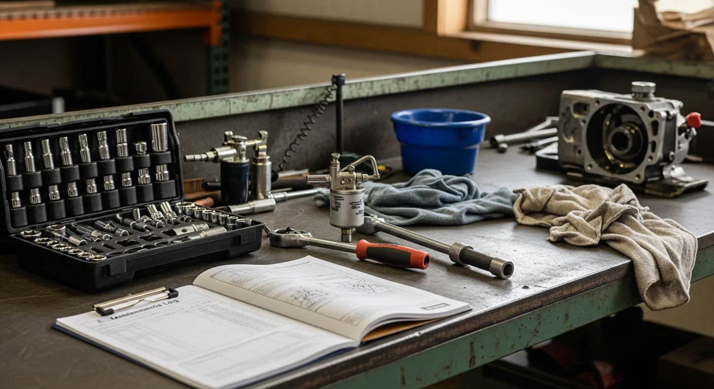 A technician performing a preventive maintenance inspection on a piece of commercial equipment at the Frank Enterprises service facility on Elk Road in Monroeville, NJ. The technician checks fluid levels and mechanical components in a clean, organized service bay.