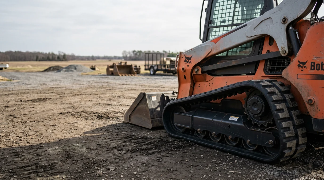 A compact track loader fitted with a new rubber track parked on a flat job site in Monroeville, NJ. The track shows full lug depth against open Salem County farmland in the background.