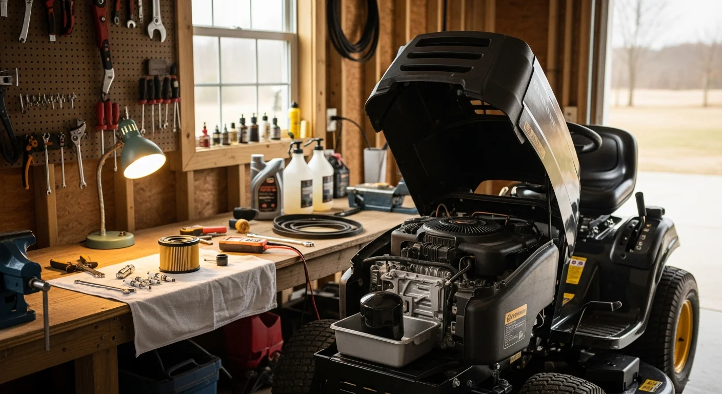 A technician at Frank Enterprises on Elk Road in Monroeville, NJ inspecting the engine and blade assembly of outdoor equipment during a seasonal service visit. The rural Salem County setting is visible through the open shop door in the background.