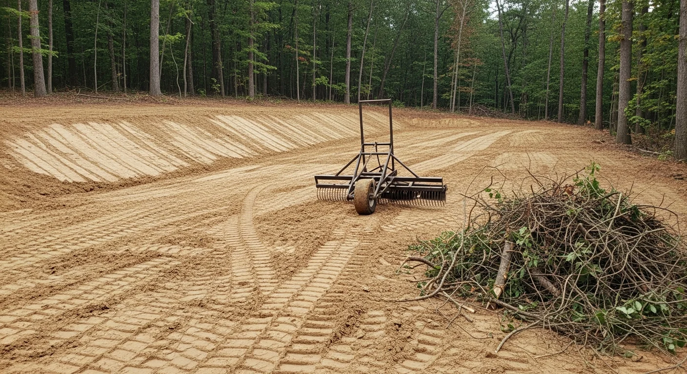 A cleared and graded residential lot in Monroeville, NJ with leveled soil and removed brush ready for landscaping installation. Frank Enterprises site preparation work on a rural property in the Elk Township area.