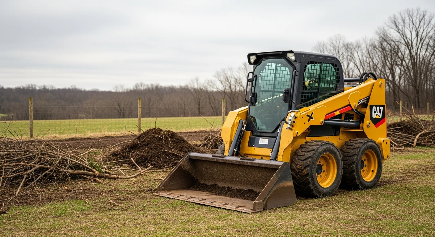 A skid steer loader clearing wooded land on a rural property in Monroeville, NJ. The machine moves soil and brush across an open lot typical of the 08343 area.
