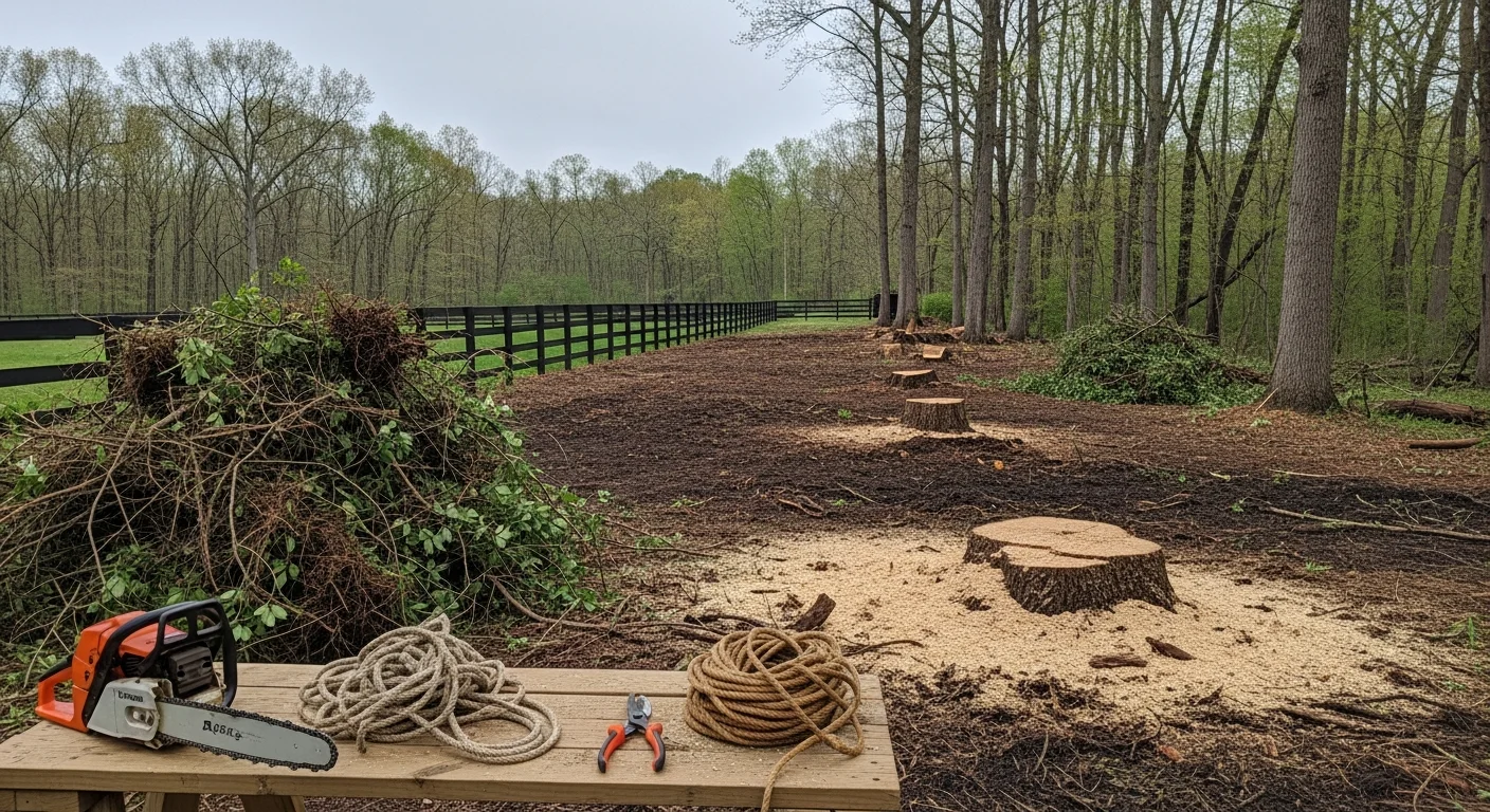A cleared residential property edge in Monroeville, NJ showing bare ground and open fence line after brush and overgrown vegetation removal. Piles of cut invasive shrubs and vines are visible in the foreground, with a rural wooded backdrop typical of Salem County properties.